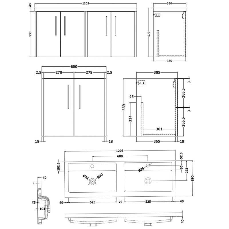 Hudson Reed Juno Wall Hung 4-Door Vanity Unit with Double Polymarble Basin 1200mm Wide - Graphite Grey