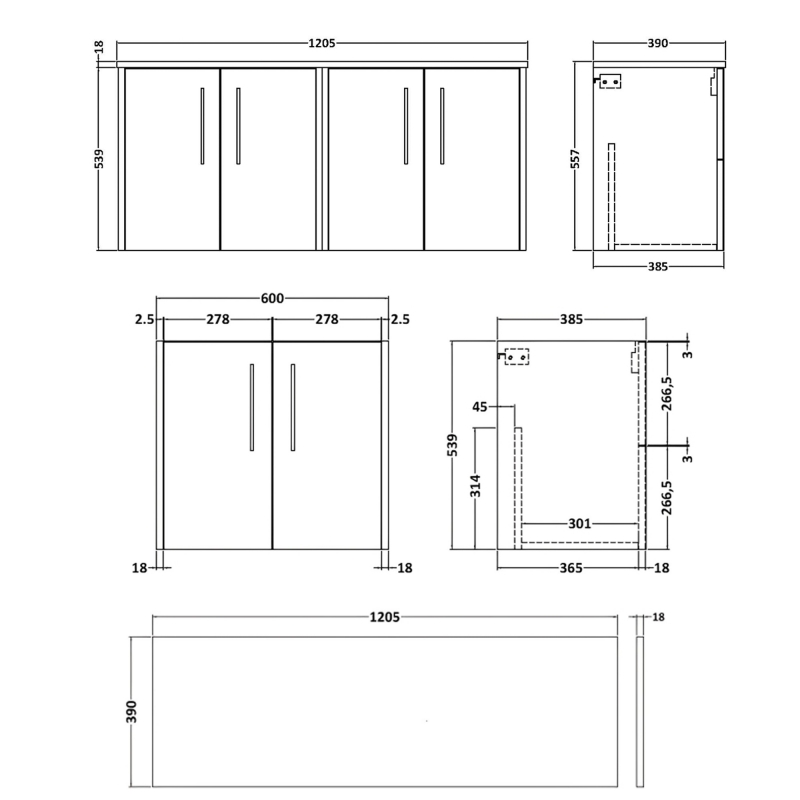 Hudson Reed Juno Wall Hung 4-Door Vanity Unit with Worktop 1200mm Wide - Graphite Grey