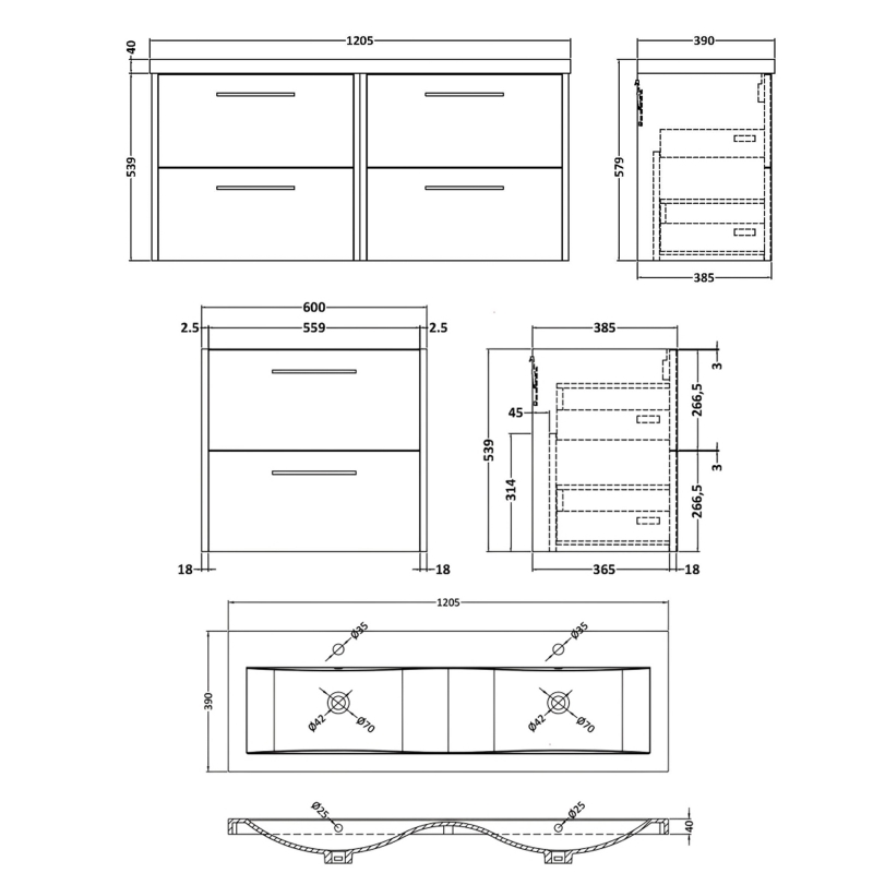 Hudson Reed Juno Wall Hung 4-Drawer Vanity Unit with Double Ceramic Basin 1200mm Wide - Autumn Oak