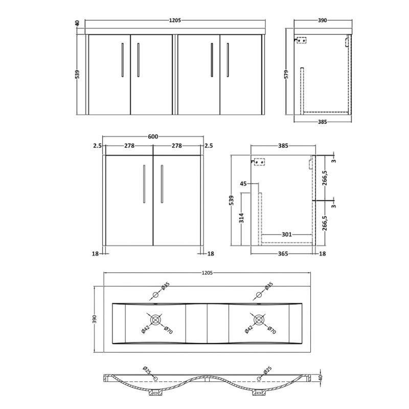 Hudson Reed Juno Wall Hung 4-Door Vanity Unit with Double Ceramic Basin 1200mm Wide - Metallic Slate