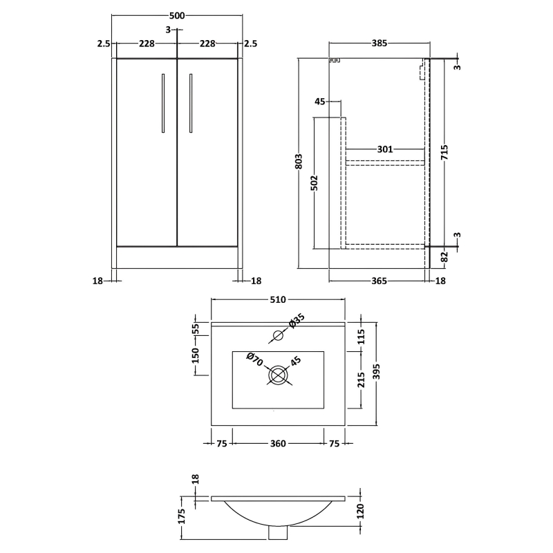 Hudson Reed Juno Floor Standing 2-Door Vanity Unit with Basin 2 500mm Wide - Graphite Grey