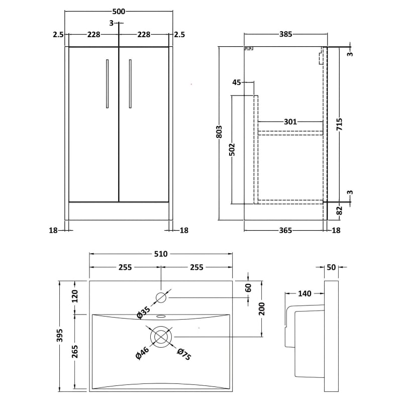 Hudson Reed Juno Floor Standing 2-Door Vanity Unit with Basin 3 500mm Wide - Coastal Grey