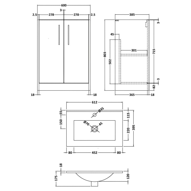 Hudson Reed Juno Floor Standing 2-Door Vanity Unit with Basin 2 600mm Wide - Metallic Slate