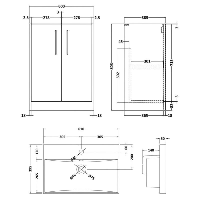 Hudson Reed Juno Floor Standing 2-Door Vanity Unit with Basin 3 600mm Wide - Metallic Slate