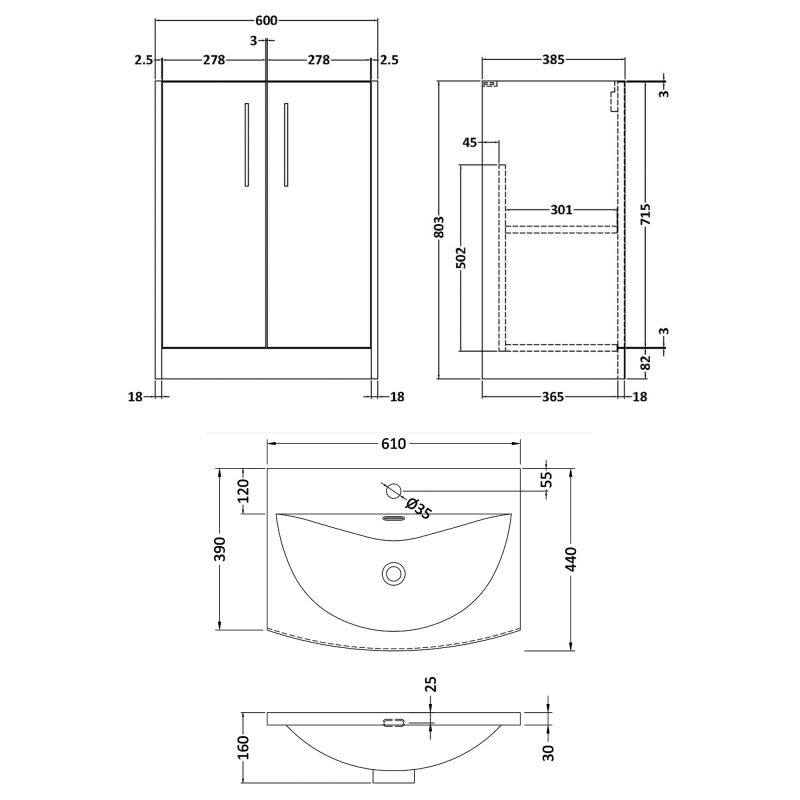 Hudson Reed Juno Floor Standing 2-Door Vanity Unit with Basin 4 600mm Wide - Metallic Slate