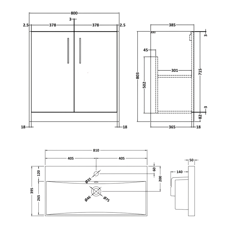 Hudson Reed Juno Floor Standing 2-Door Vanity Unit with Basin 3 800mm Wide - Graphite Grey