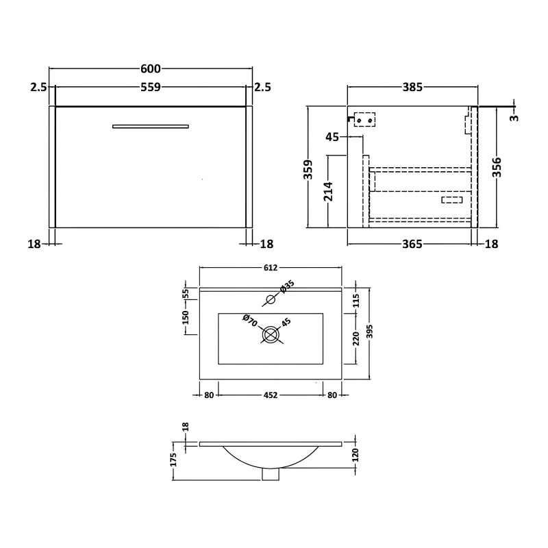 Hudson Reed Juno Wall Hung 1-Drawer Vanity Unit with Basin 2 600mm Wide - Graphite Grey