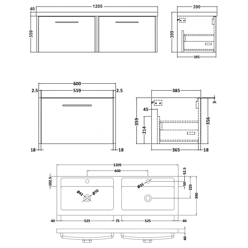 Hudson Reed Juno Wall Hung 2-Drawer Vanity Unit with Double Polymarble Basin 1200mm Wide - Coastal Grey