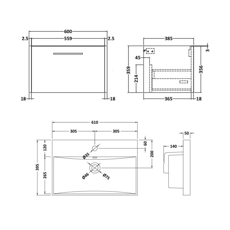 Hudson Reed Juno Wall Hung 1-Drawer Vanity Unit with Basin 3 600mm Wide - Graphite Grey