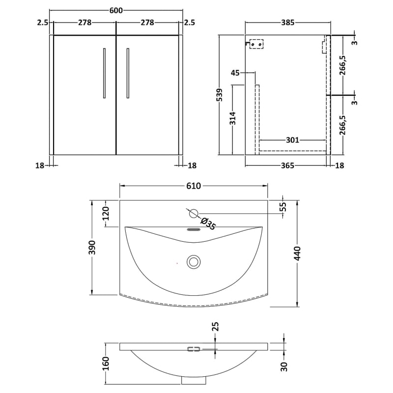 Hudson Reed Juno Wall Hung 2-Door Vanity Unit with Basin 4 600mm Wide - Graphite Grey