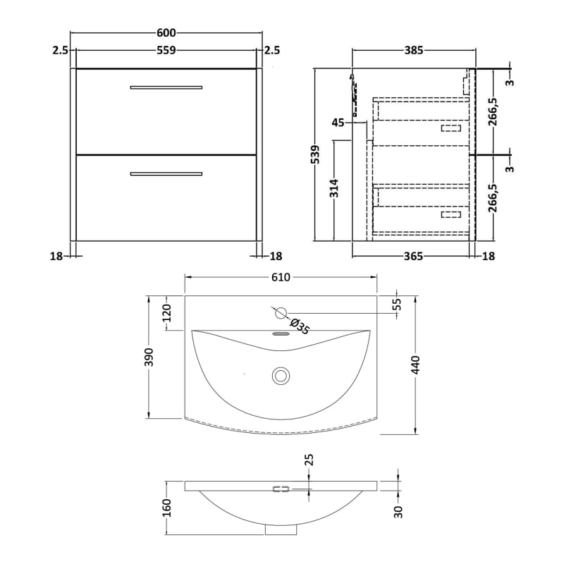 Hudson Reed Juno Wall Hung 2-Drawer Vanity Unit with Basin 4 600mm Wide - Autumn Oak