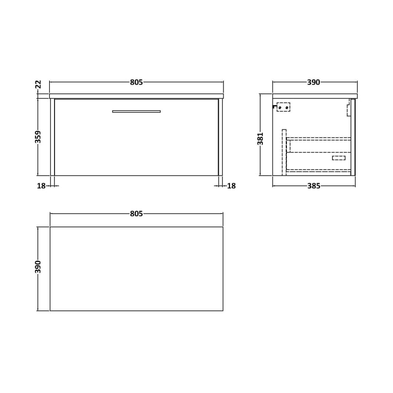 Hudson Reed Juno Wall Hung 1-Drawer Vanity Unit with Bellato Grey Worktop 800mm Wide - Metallic Slate