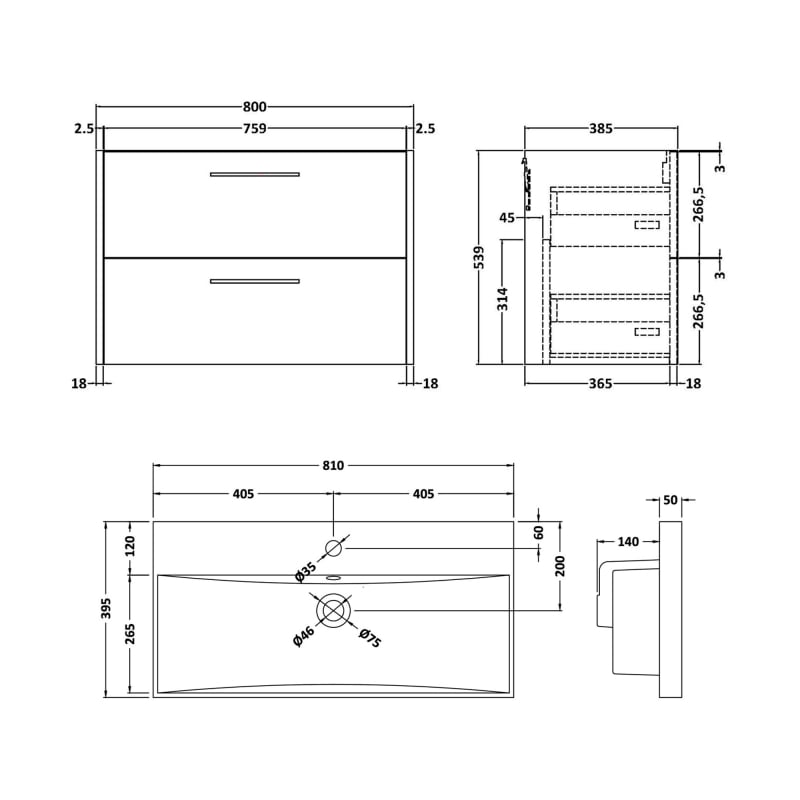 Hudson Reed Juno Wall Hung 2-Drawer Vanity Unit with Basin 3 800mm Wide - Autumn Oak