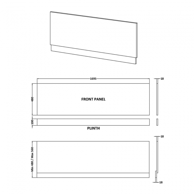 Hudson Reed MFC Straight Bath Front Panel and Plinth 560mm H x 1700mm W - Fern Green