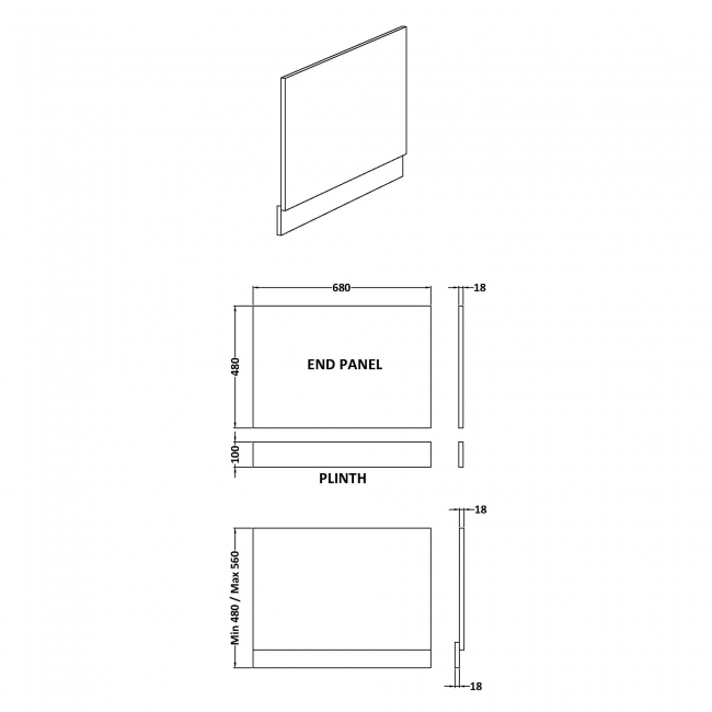 Hudson Reed MFC Straight Bath End Panel and Plinth 560mm H x 700mm W - Pebble Grey