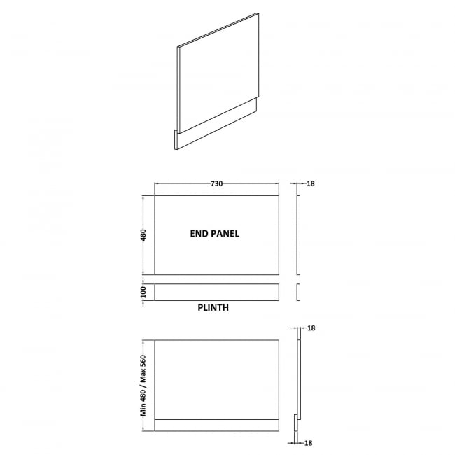 Hudson Reed MFC Straight Bath End Panel and Plinth 560mm H x 750mm W - Pebble Grey