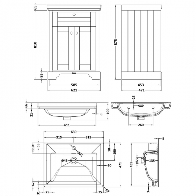 Hudson Reed Old London Floor Standing Vanity Unit with 1TH Classic Basin 600mm Wide - Storm Grey