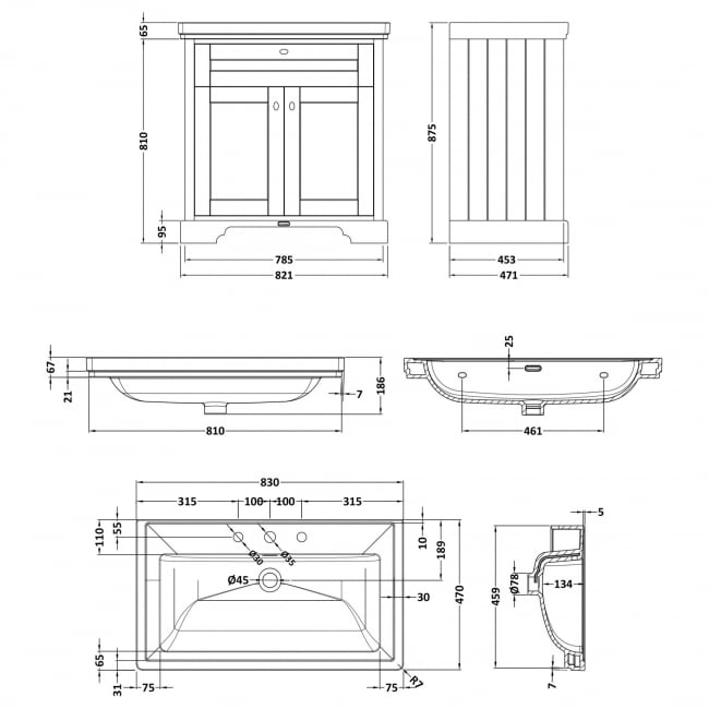 Hudson Reed Old London Floor Standing Vanity Unit with 3TH Classic Basin 800mm Wide - Storm Grey