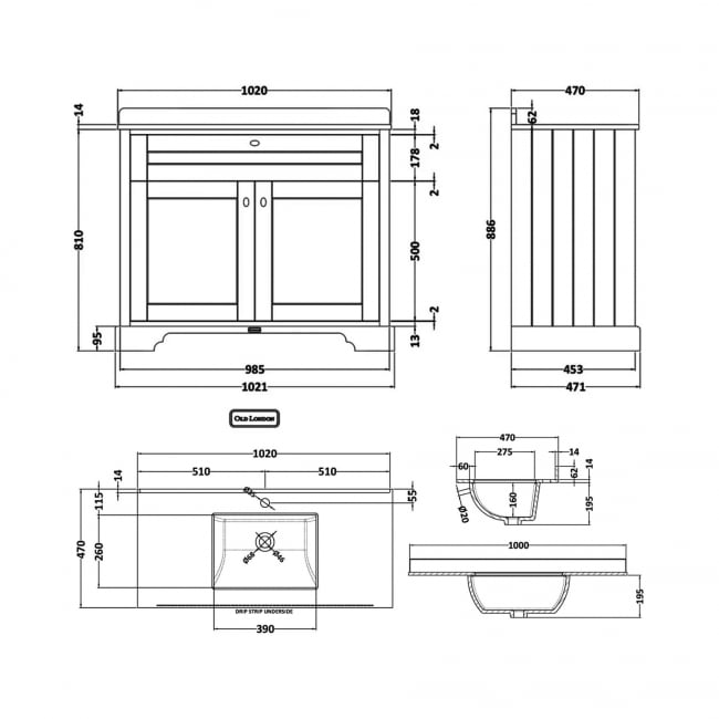 Hudson Reed Old London Floor Standing Vanity Unit with 1TH White Marble Top Rectangular Basin 1000mm Wide - Twilight Blue