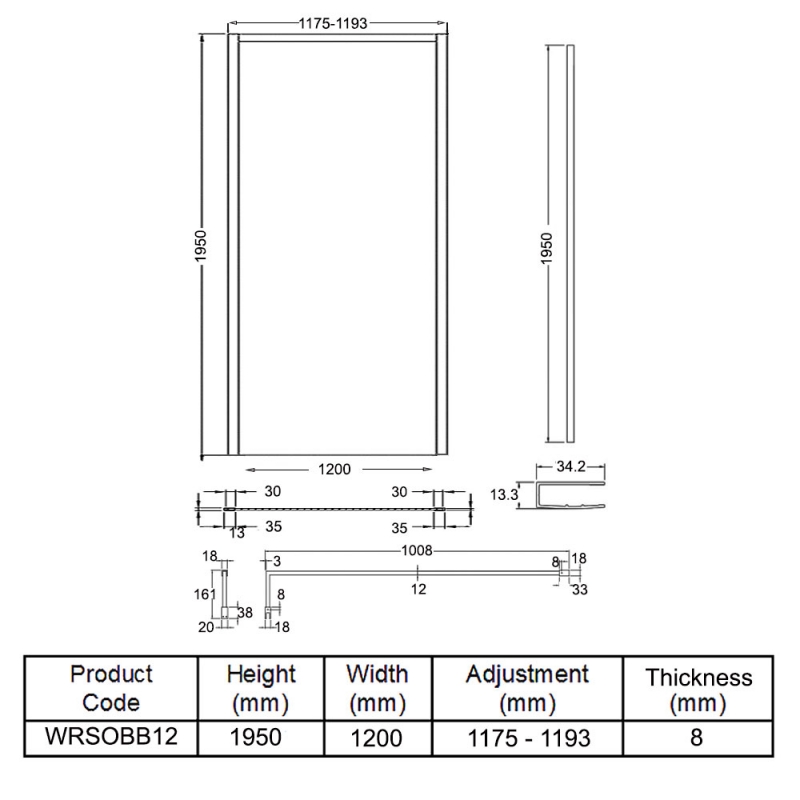 Hudson Reed Outer Framed Brushed Brass Wetroom Screen with Support Bar 1200mm W x 1950mm H - 8mm Glass