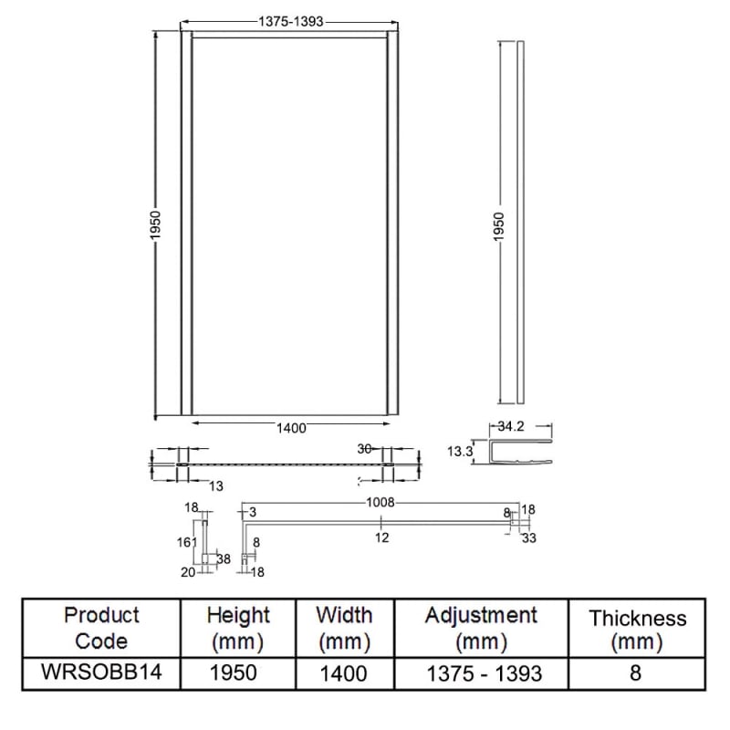 Hudson Reed Outer Framed Brushed Brass Wetroom Screen with Support Bar 1400mm W x 1950mm H - 8mm Glass