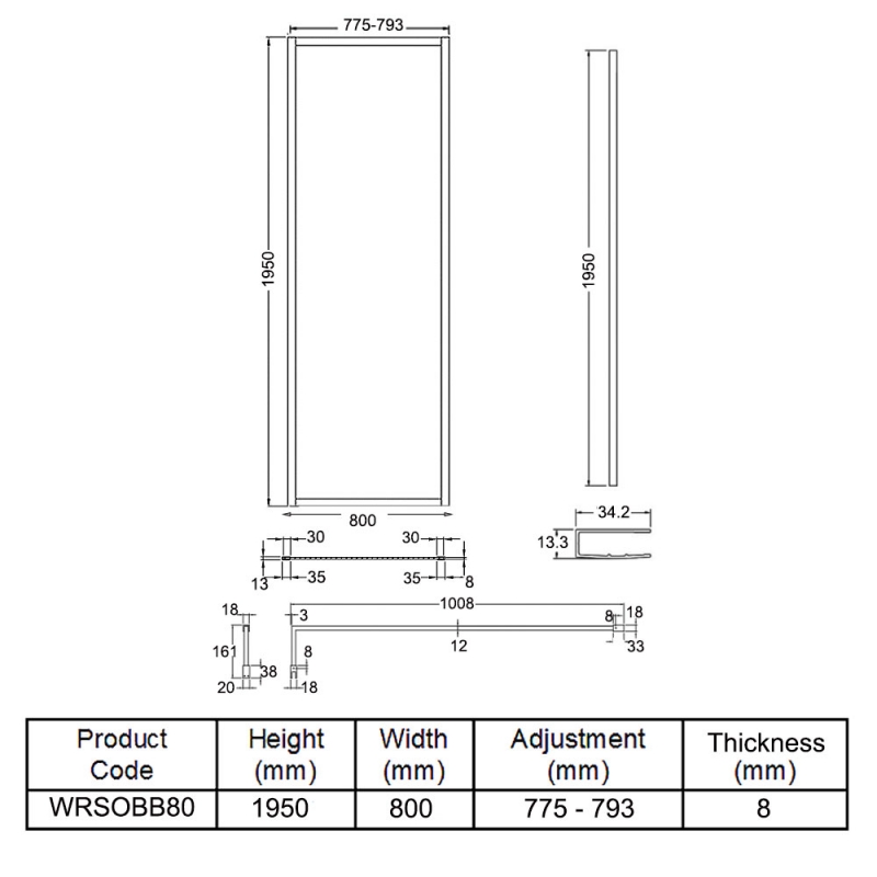 Hudson Reed Outer Framed Brushed Brass Wetroom Screen with Support Bar 800mm W x 1950mm H - 8mm Glass