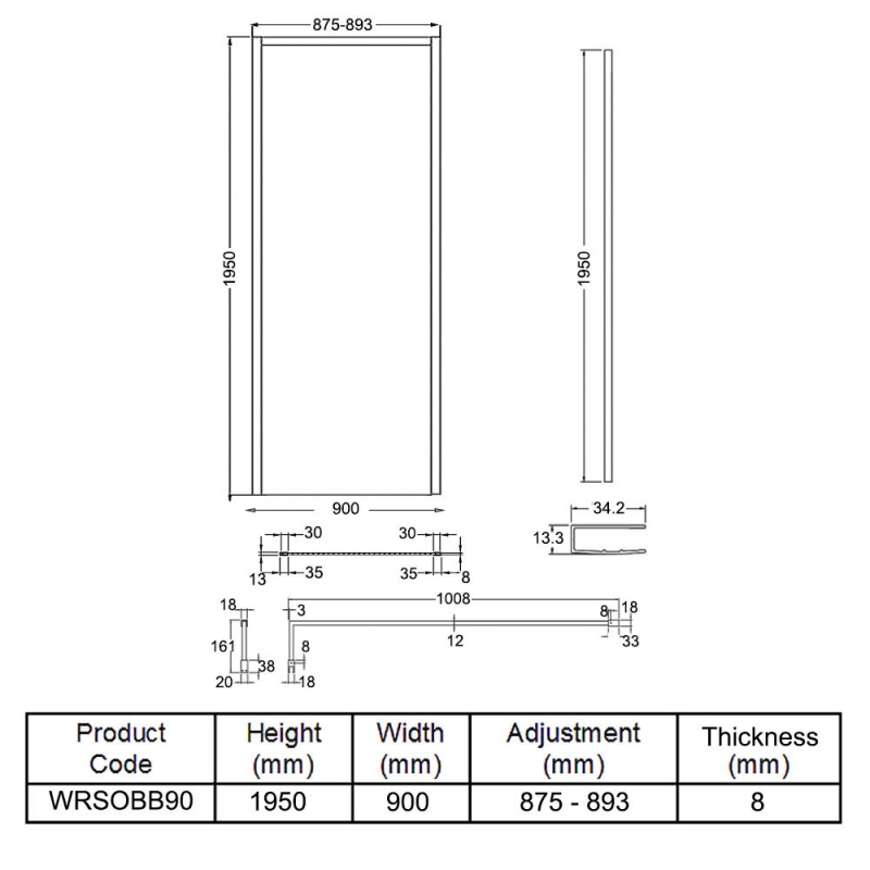 Hudson Reed Outer Framed Brushed Brass Wetroom Screen with Support Bar 900mm W x 1950mm H - 8mm Glass