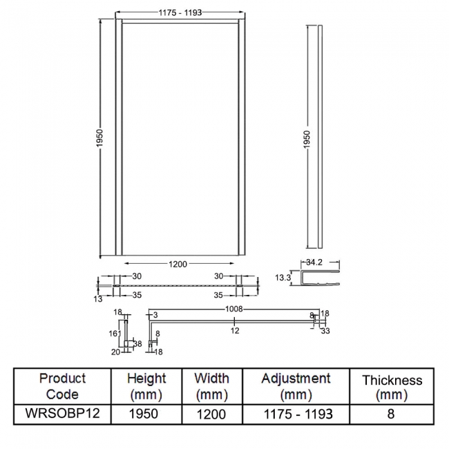 Hudson Reed Outer Framed Matt Black Wetroom Screen with Support Bar 1200mm W x 1950mm H - 8mm Glass