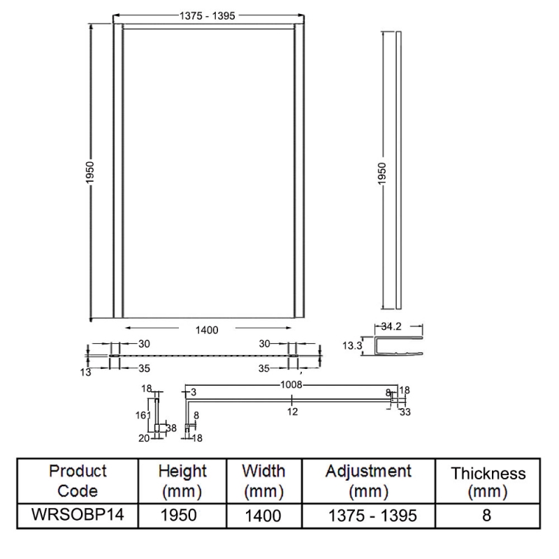 Hudson Reed Outer Framed Matt Black Wetroom Screen with Support Bar 1400mm W x 1950mm H - 8mm Glass