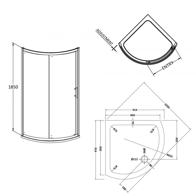 Hudson Reed Pacific Single Entry Quadrant Shower Enclosure 860mm x 860mm - 6mm Glass