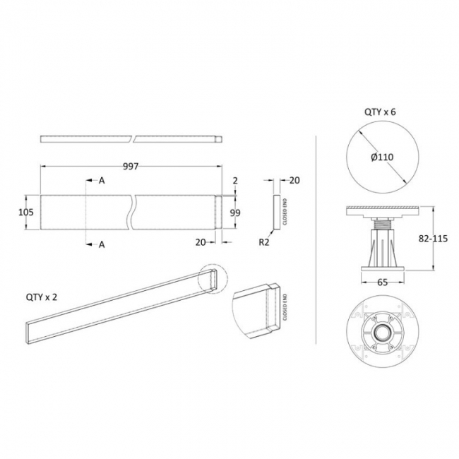 Hudson Reed/Nuie Shower Tray Riser Kit (105mm High) for 700-900mm Square and Rectangular Trays - White