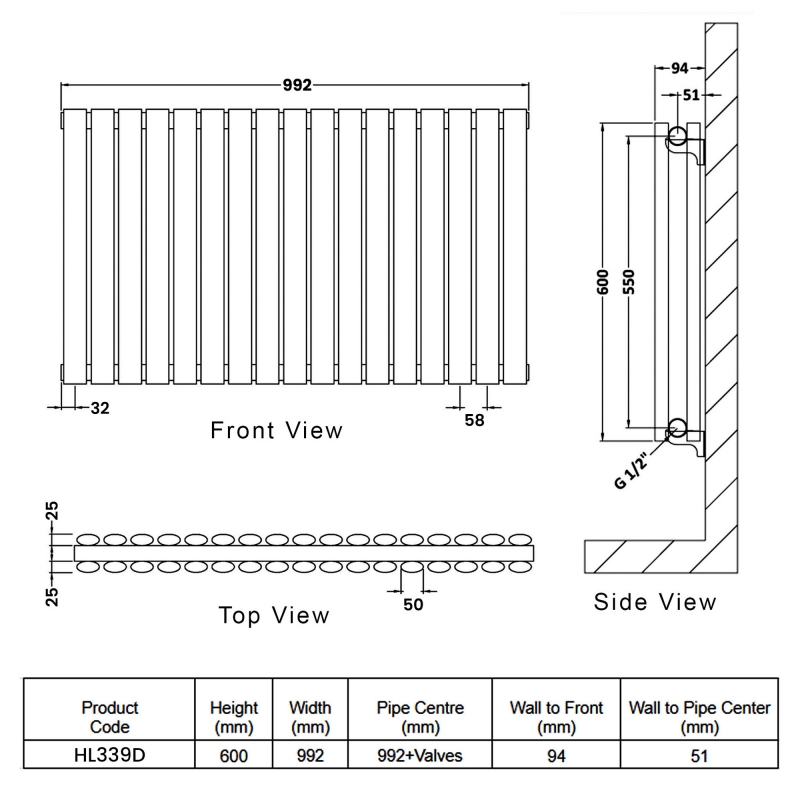 Hudson Reed Revive Double Designer Horizontal Radiator 600mm H x 992mm W - High Gloss White