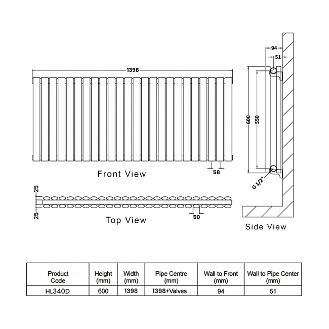 Hudson Reed Revive Double Designer Horizontal Radiator 600mm H x 1398mm W - High Gloss White