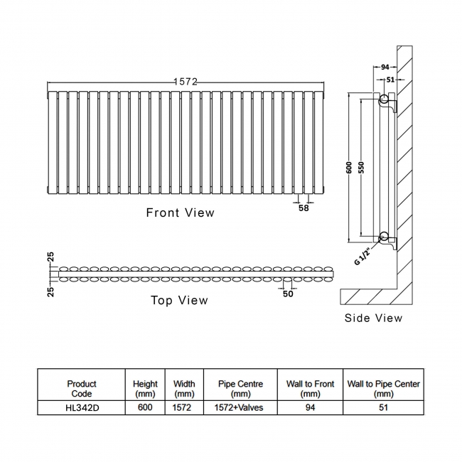 Hudson Reed Revive Double Designer Horizontal Radiator 600mm H x 1572mm W - High Gloss White