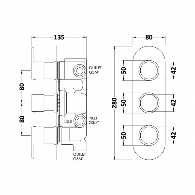 Hudson Reed Round Concealed Shower Valve with Diverter Triple Handle - Chrome