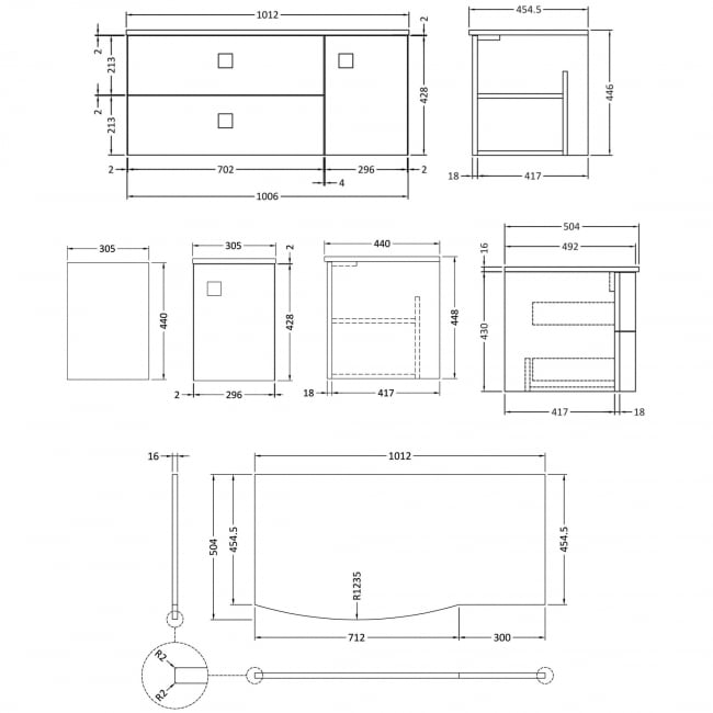 Hudson Reed Sarenna LH Wall Hung Vanity Unit with Grey Marble Top 1000mm Wide - Dove Grey