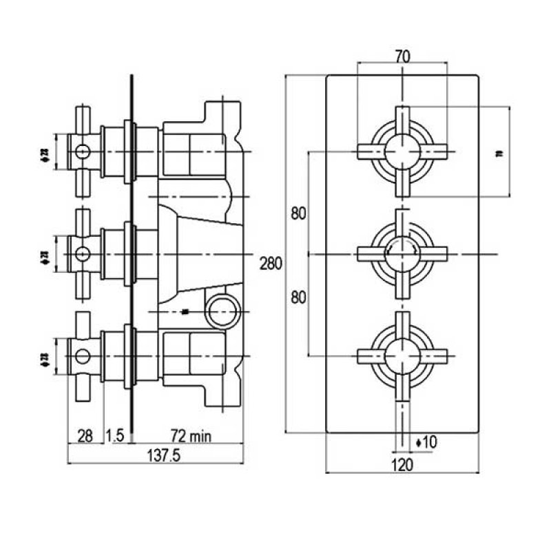 Hudson Reed Series 1 Concealed Shower Valve Triple Handle - Chrome