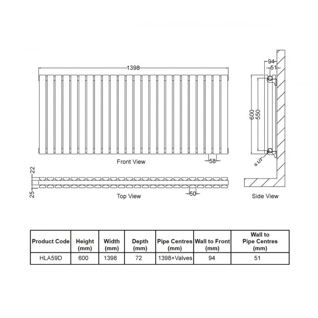 Hudson Reed Sloane Double Designer Horizontal Radiator 600mm H x 1398mm W - Anthracite