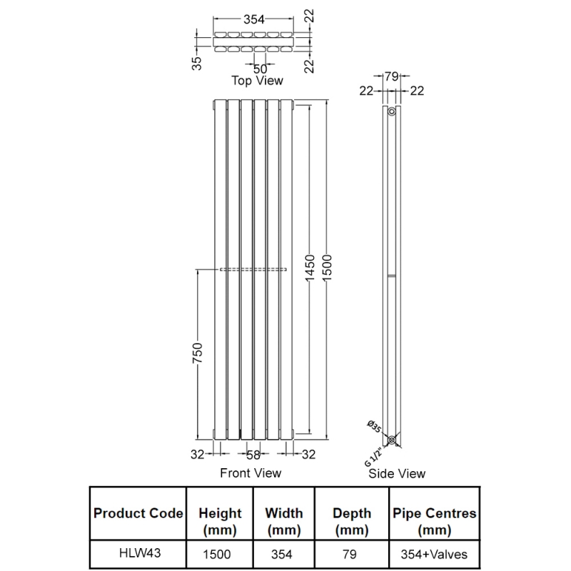 Hudson Reed Sloane Designer Radiator | HLW43 | 1500mm x 354mm | White