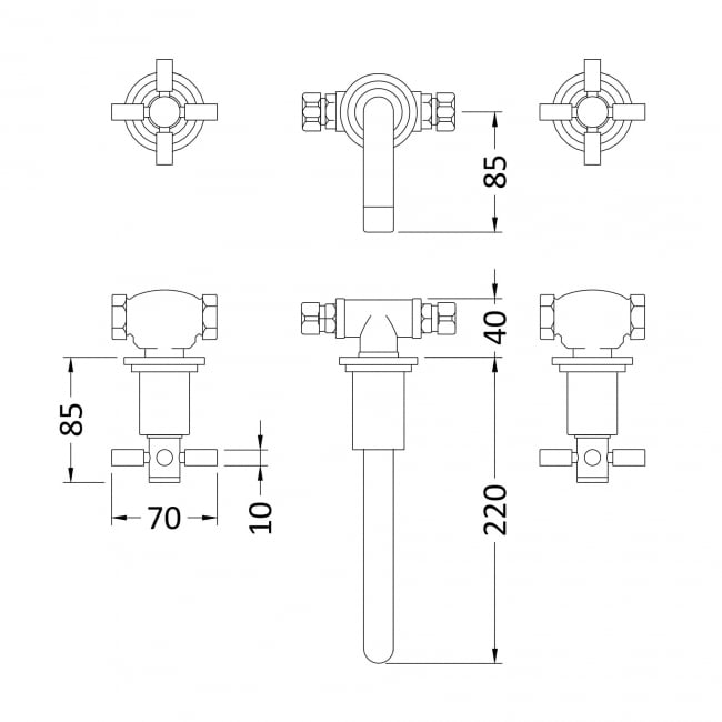 Hudson Reed Tec Crosshead 3-Hole Basin Mixer Tap Wall Mounted - Brushed Brass