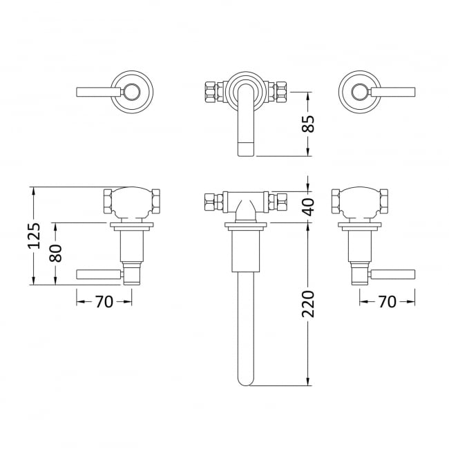 Hudson Reed Tec Lever 3-Hole Basin Mixer Tap Wall Mounted - Matt Black