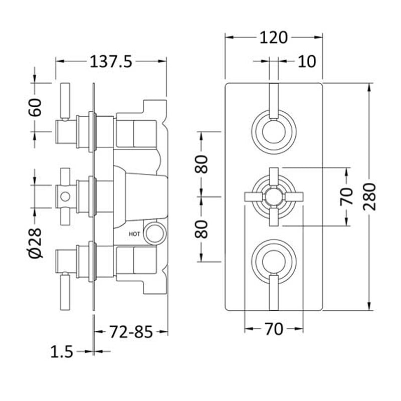 Hudson Reed Tec Pura Concealed Shower Valve Triple Handle - Matt Black