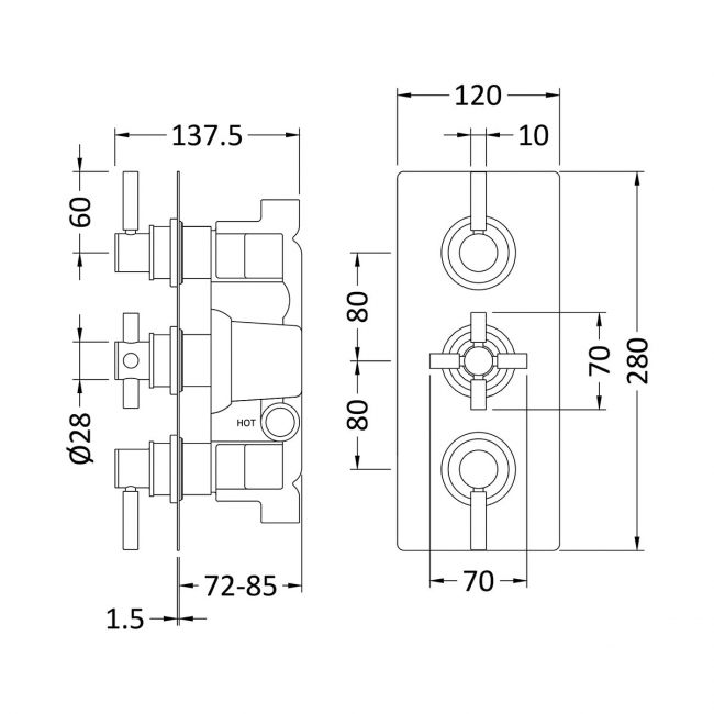 Hudson Reed Tec Pura Concealed Shower Valve with Diverter Triple Handle - Brushed Brass