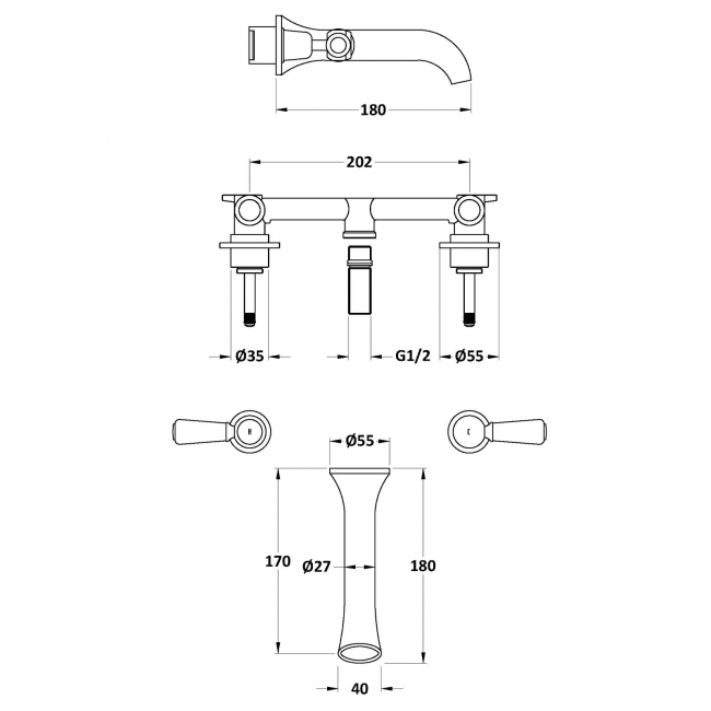 Hudson Reed White Topaz Wall Mounted Lever 3-Hole Basin Mixer Tap - Chrome