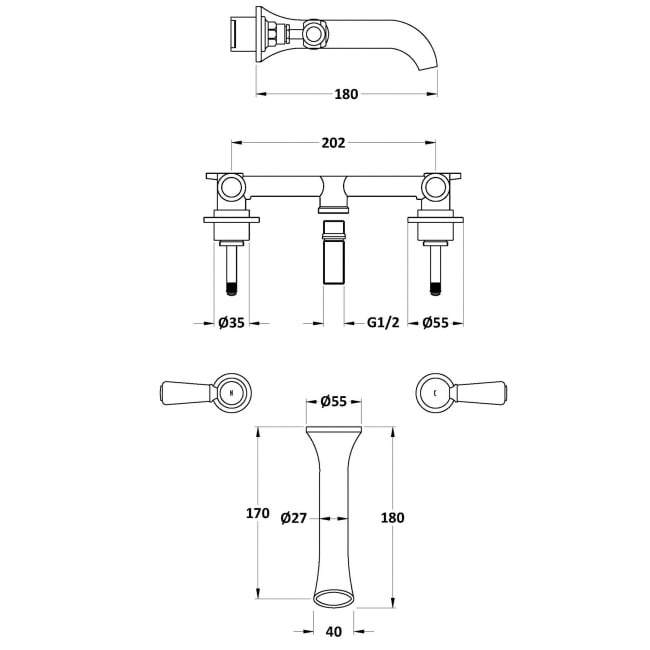 Hudson Reed Black Topaz Lever 3-Hole Basin Mixer Tap Wall Mounted - Chrome