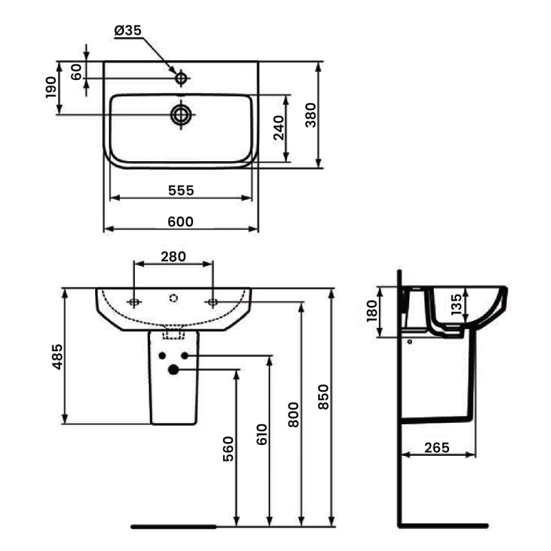 Ideal Standard I.Life S Compact Basin and Semi Pedestal 600mm Wide - 1 Tap Hole