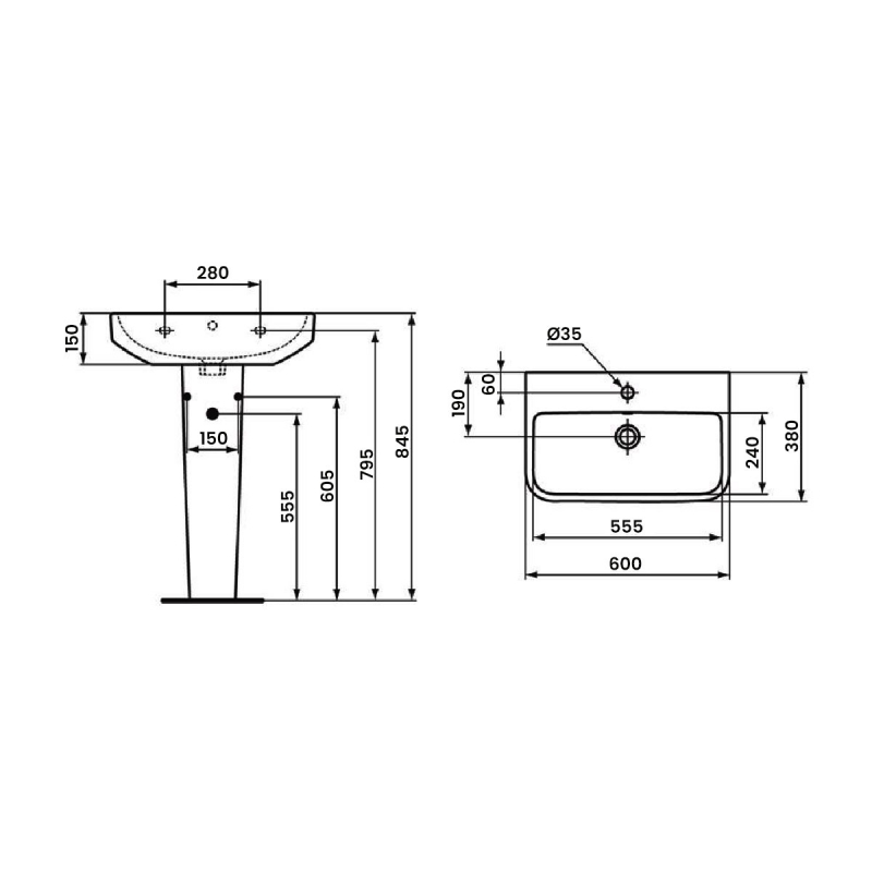 Ideal Standard I.Life S Compact Basin and Full Pedestal 600mm Wide - 1 Tap Hole