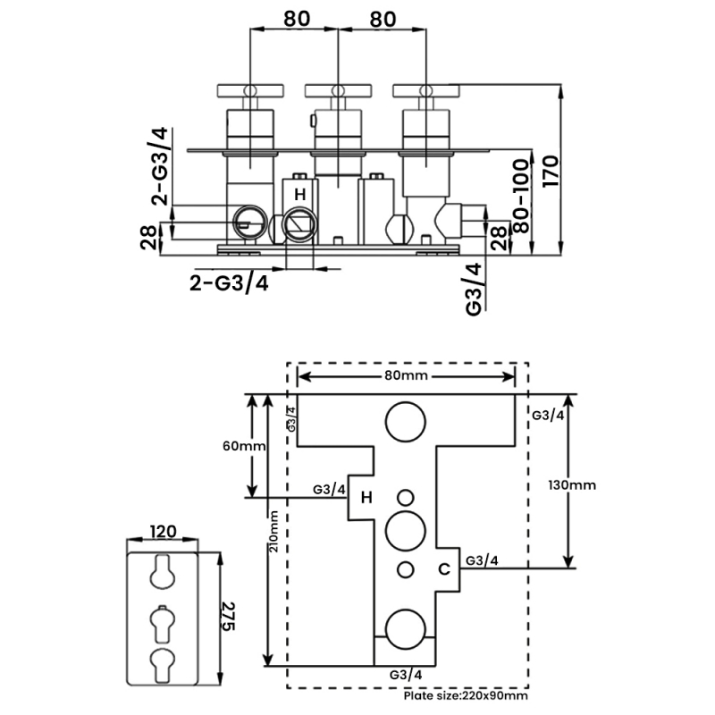 JTP Amore Thermostatic Concealed 3 Outlets Shower Valve - Chrome