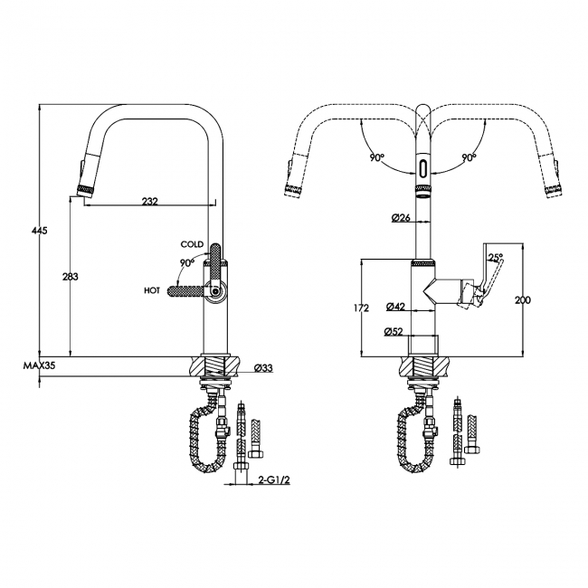 JTP Decor Kitchen Sink Mixer Tap Pull Out Single Lever - Brushed Brrass