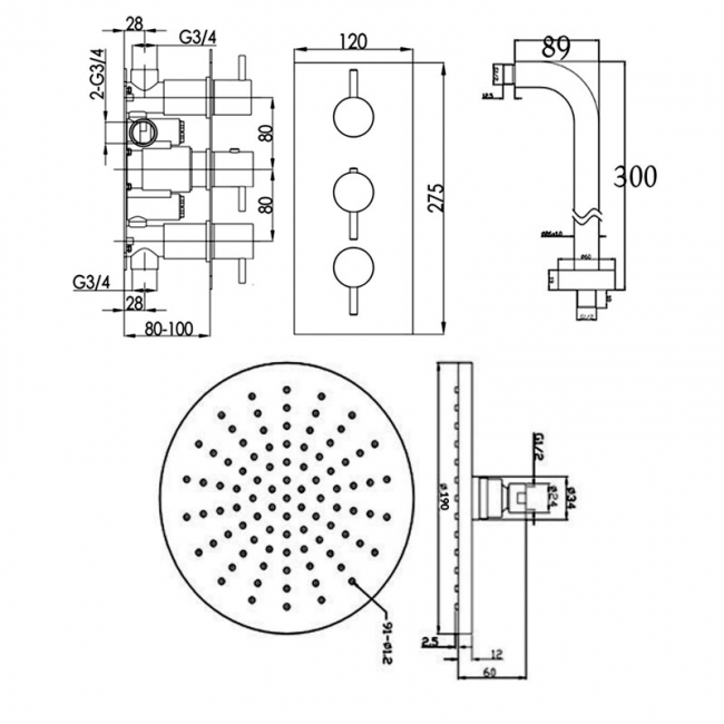 JTP Florence Triple Concealed Mixer Shower with Shower Handset + Fixed Head